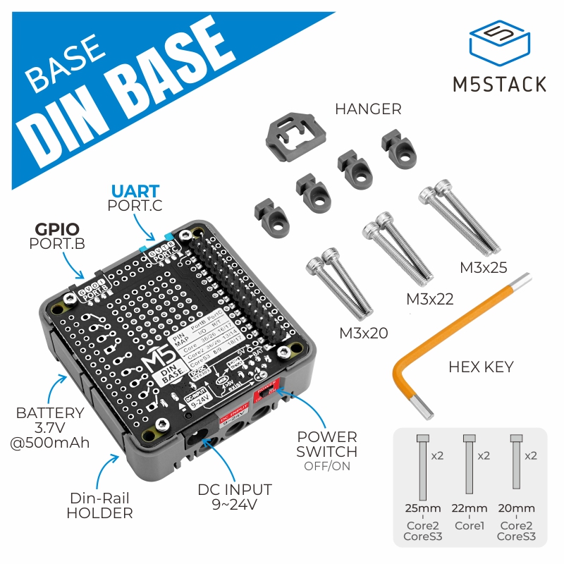M5Stack Core2 - M5Stack Resmi Din Tabanı, 500mAh Pil